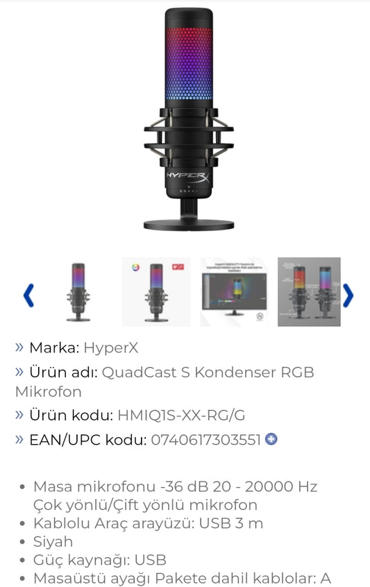 HyperX Quadcast S Kondenser RGB Mikrofon